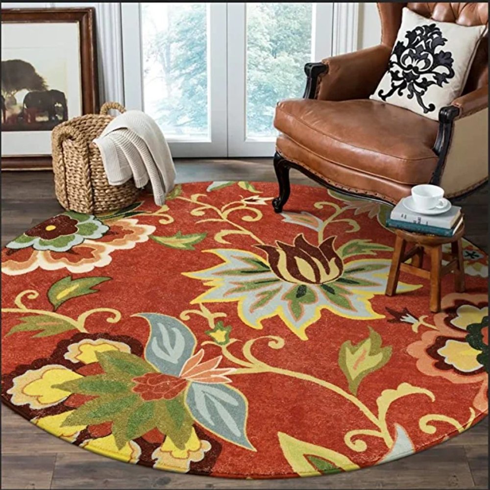 Red Floral Round Rug - 3' Diameter Washable Round Area Rug
